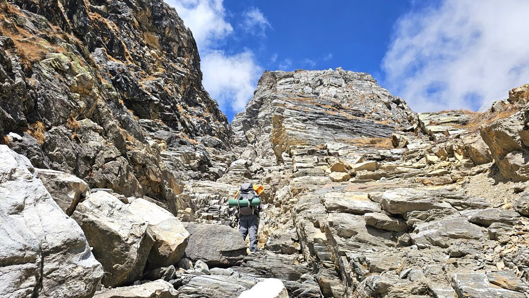 Loose ground on the southeast face of Sundardhunga Khal.  
