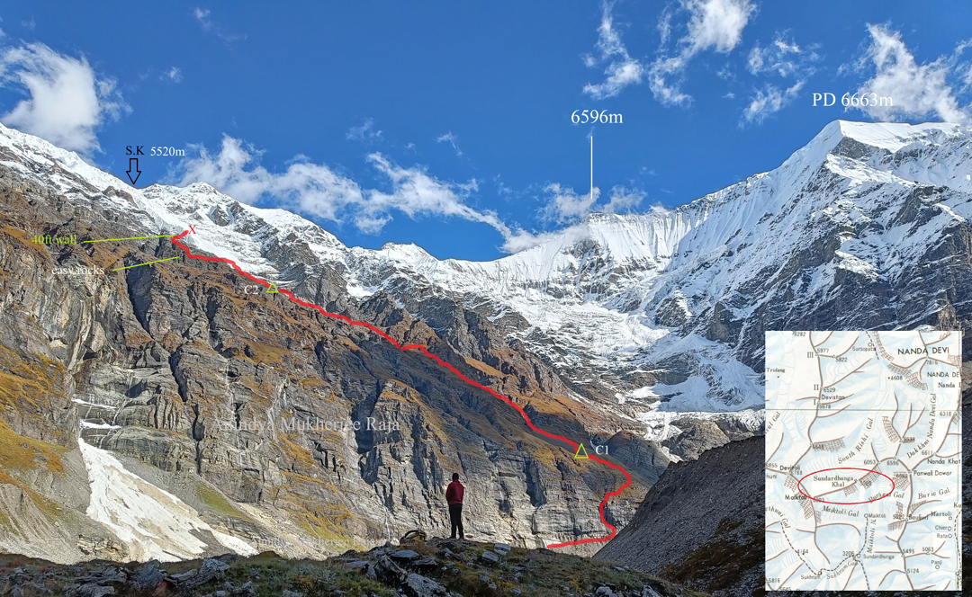 The 2022 attempt on the southeast face of Sundardhunga Khal. Conditions were much snowier than during the 2024 ascent.  