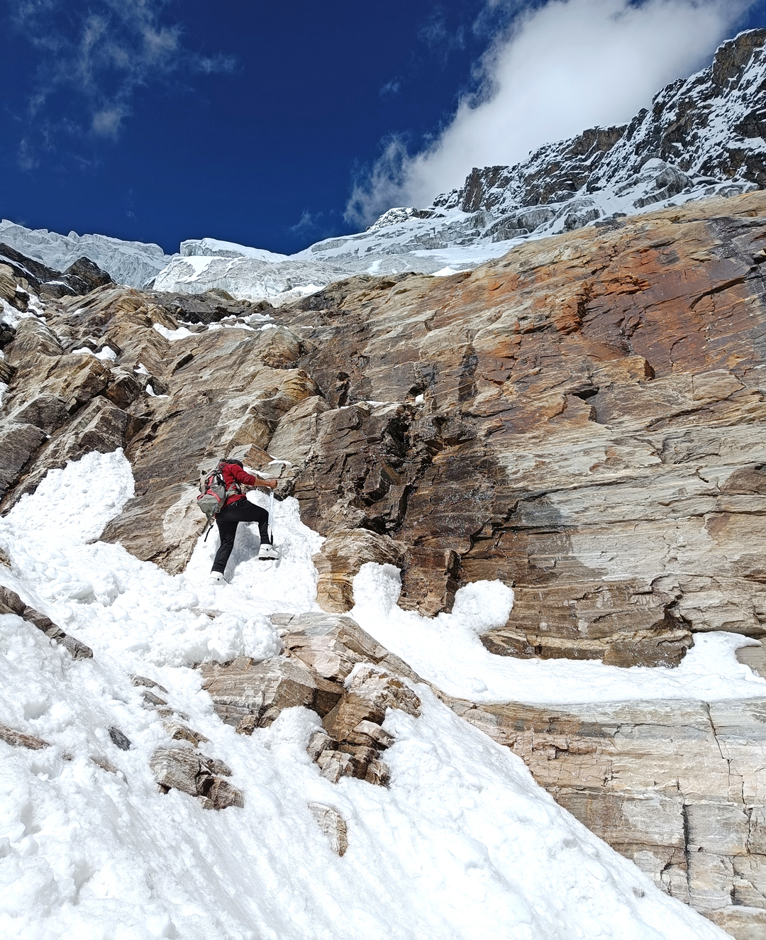Climbing through one of the many rock bands on the southeast face of Sundardhunga Khal.  
