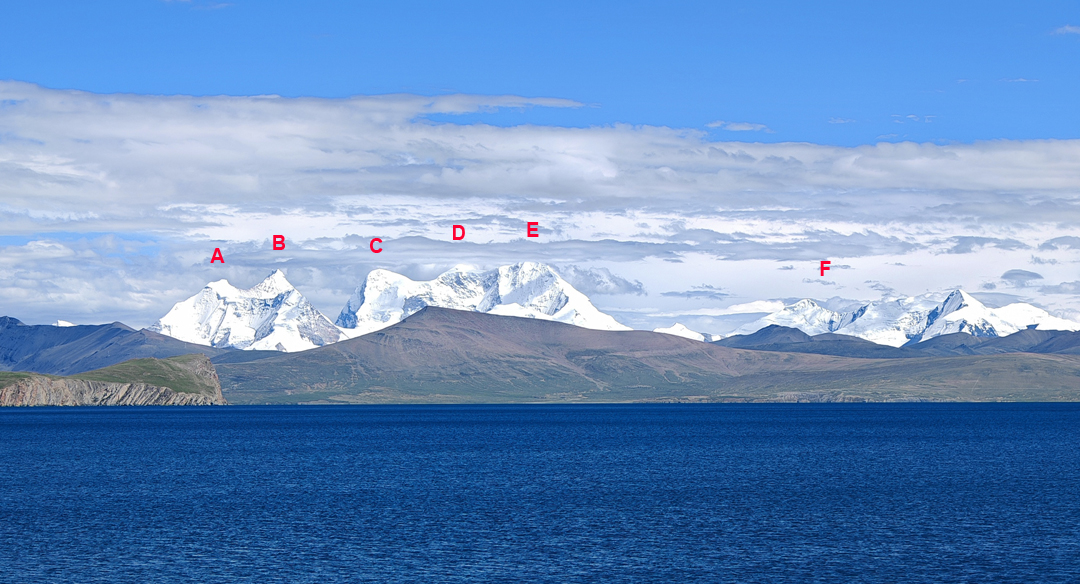 Looking south across Pumo Yumco lake at 5,000 meters. (A) Karjiang II. (B) Karjiang. (C) Kula Kangri East. (D) Kula Kangri Central. (E) Kula Kangri West. (F) Jiexiang Group (6,672m, unclimbed). 