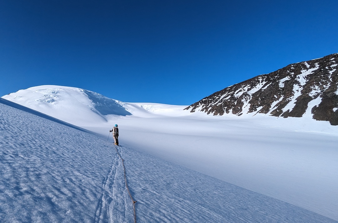 Eric Gilbertson approaching Peak 2,171m (left) and Peak 2,063m (right), Greenland.