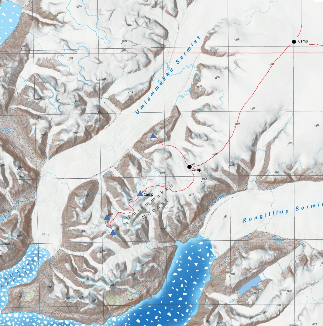 Map showing the four peaks climbed by Eric Gilbertson and Branden Joy on Umiammakku Nunaat in western Greenland. A team of Italian climbers climbed several peaks along the coast of the peninsula in 1967.