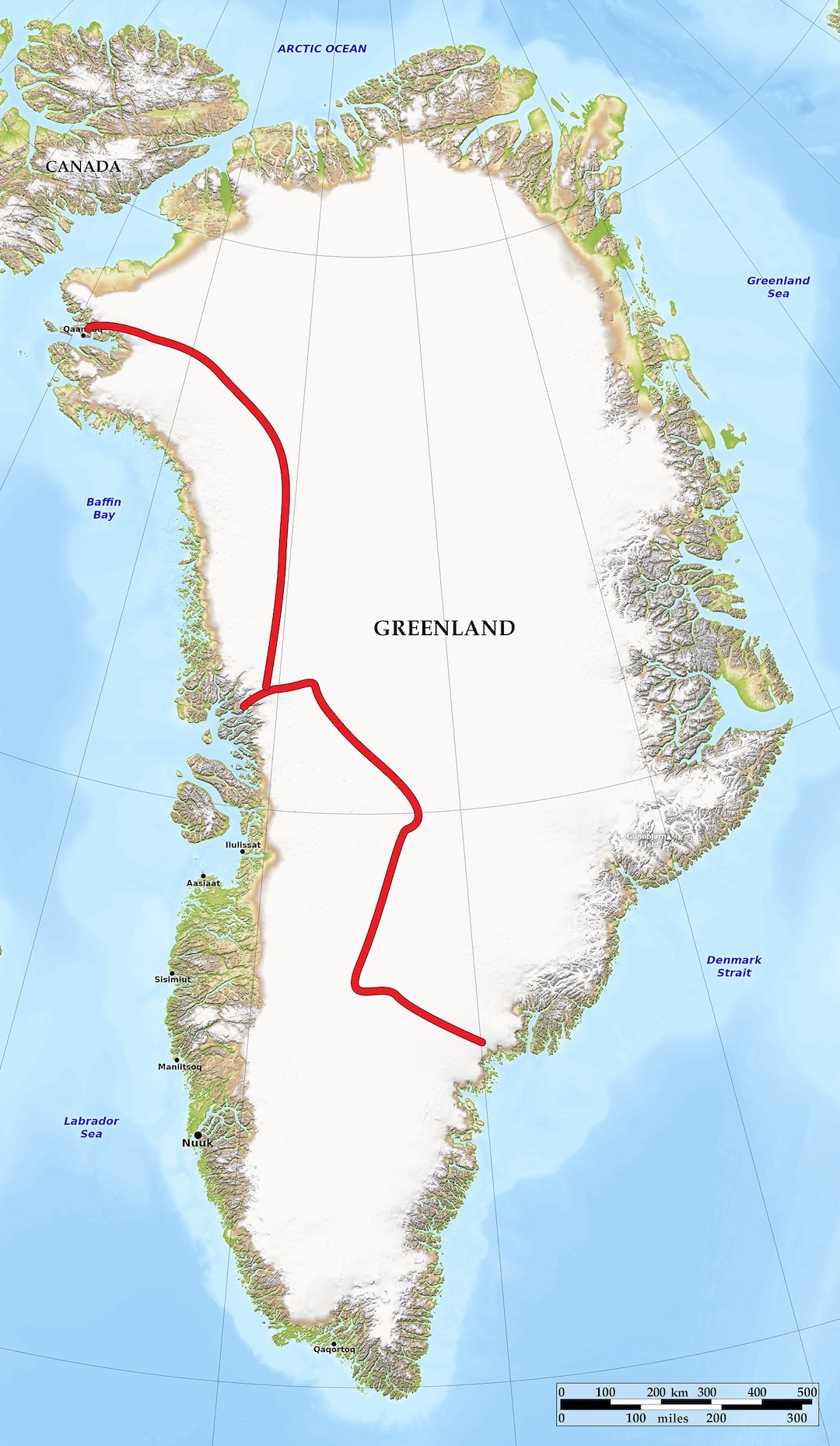 General route of Eric Gilbertson and Branden Joy’s 2024 southeast-to-northwest traverse of Greenland, covering more than 1,500 miles on foot and kite-skis. The midroute jog to the left marks the detour to Umiammakku Nunaat, where four first ascents were completed.