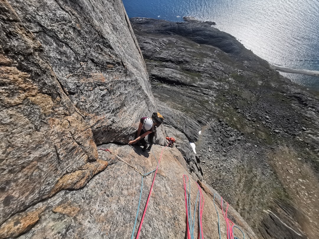 India Fallowfield and Ben Kent seconding pitch six of Gas Mark 5 (404m, E5 6b), Innaarsuit, Kekertarmiut Island.