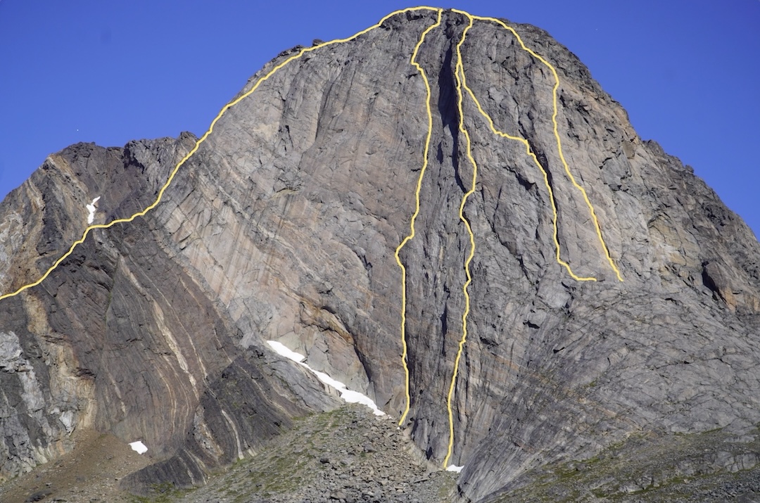 From left to right, the new climbs on the west face of Innaarsuit, measured in climbing distance, are: Encore (332m, E4 6a), Twist of Fate (417m, E5 6a), Gas Mark Five (404m, E5 6b), Uliaq (290m, E3 5c), and Lowesater Gold (246, E4 6a).