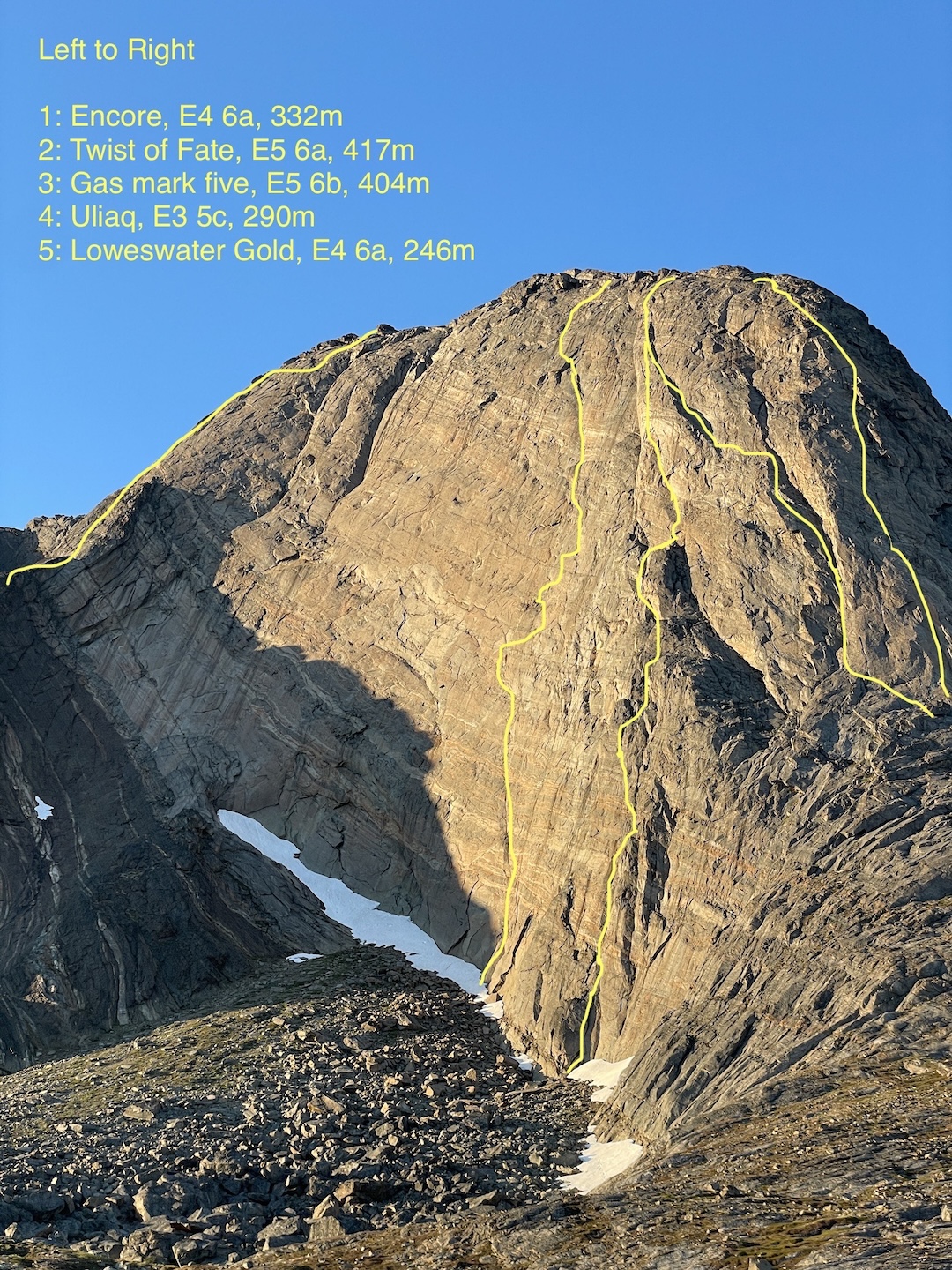 The five routes established in 2024 on the west side of Innaarsuit on Kekertarmiut Island. 