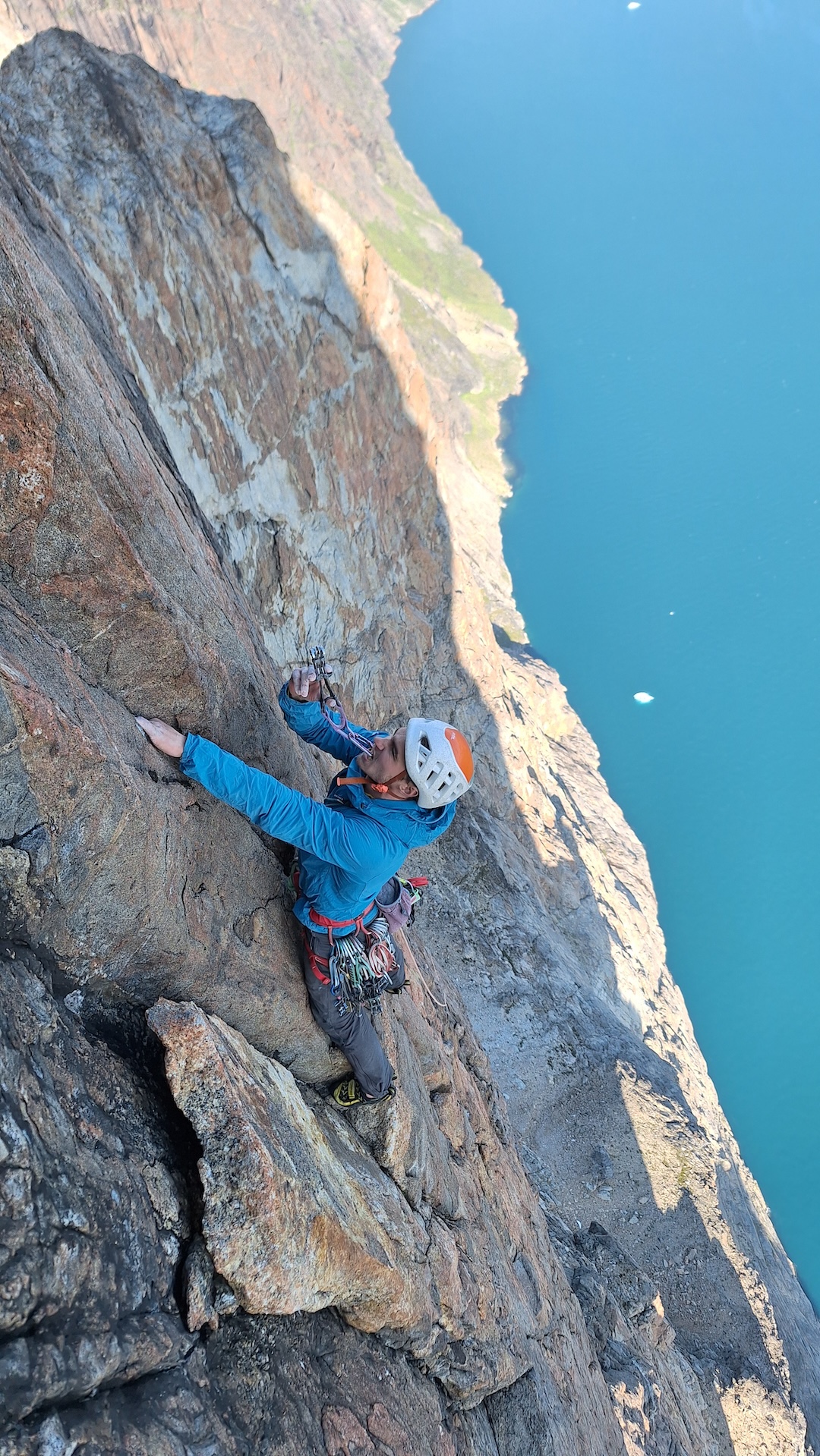 Tim Miller on the headwall of Mussels for Tea,
Packrafts in the Sea.