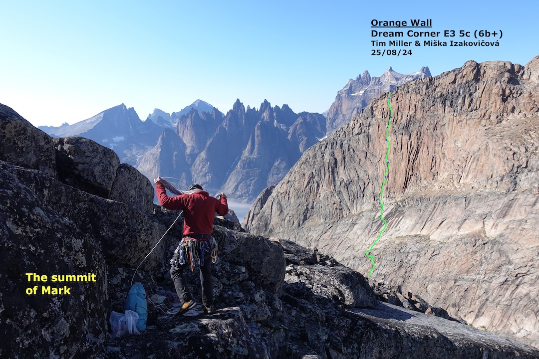 Dream Corner on Orange Wall, viewed from the top of Mark. Following their ascents on Maujit Qaqarssuasia, the climbers explored cliffs accessed by foot from camp on Pamaigdluk Island. Those included Mark, the Spire of the Northern Fire, and the Orange Wall formation.