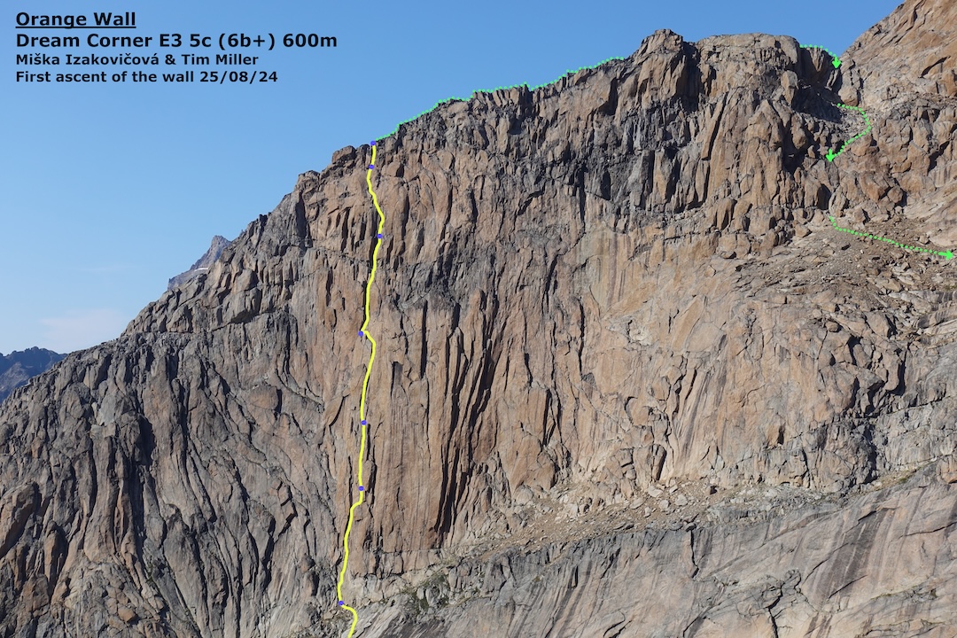 The day before their boat pick-up, Miška Izakovičová and Tim Miller climbed the 600-meter Dream Corner, E3 5c, on Orange Wall, across the valley from Mark.  

 