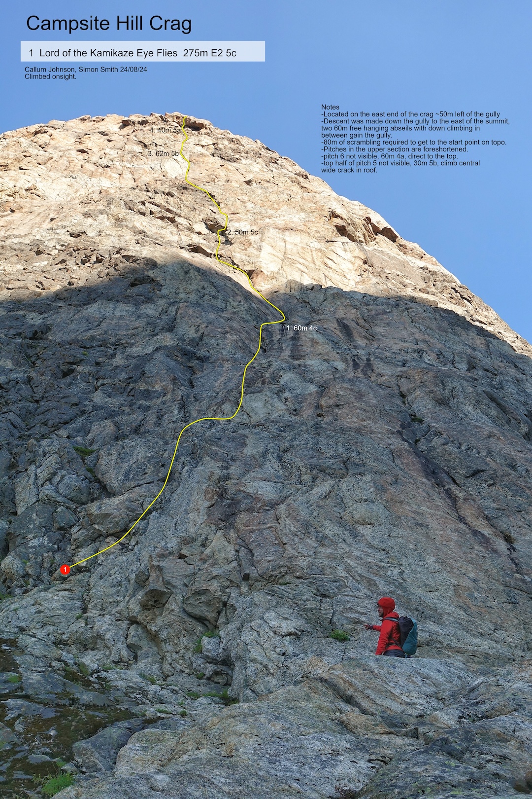 Topo of the 275-meter E2 5c Lord of the Kamikaze Eye Flies, done by Callum Johnson and Simon Smith, Campsite Hill Crag. The route takes a wide crack on the roof on pitch 5.
