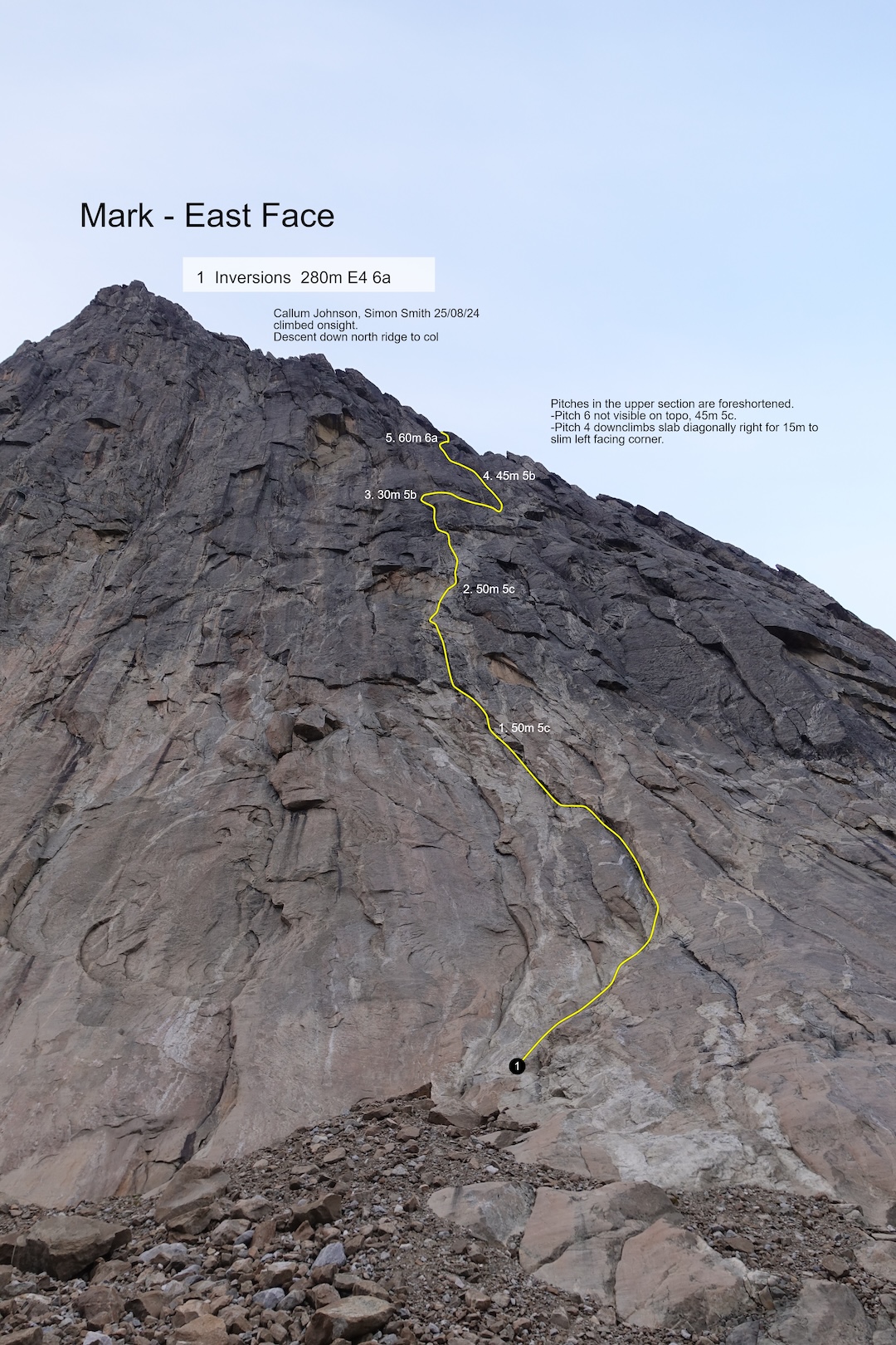 Topo for the 280-meter Inversions, E4 6a, by Callum Johnson and Simon Smith on the East Face of Mark.