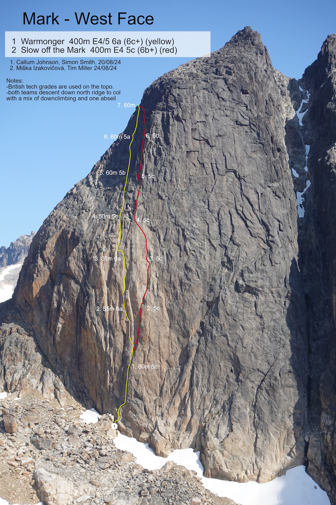 Topos for Warmonger, E4/5 6a and Slow Off the Mark, E4 5c, on the West Face of Mark. Both are 400 meters. 