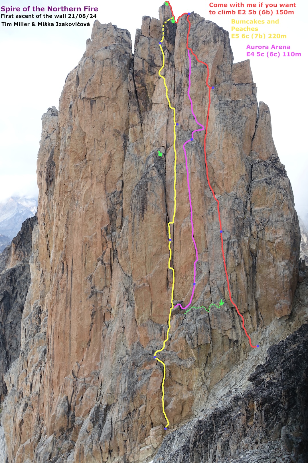 The first ascent of Spire of the Northern Fire, by Miška Izakovičová of Slovakia and Tim Miller of Scotland, produced three new routes up parallel crack systems. Left to right: the 220-meter Bumcakes and Peaches, E5 6c, the 110-meter Aurora Arena, E4 5c, and the 150-meter Come With Me If You Want to Climb, E2 5b.