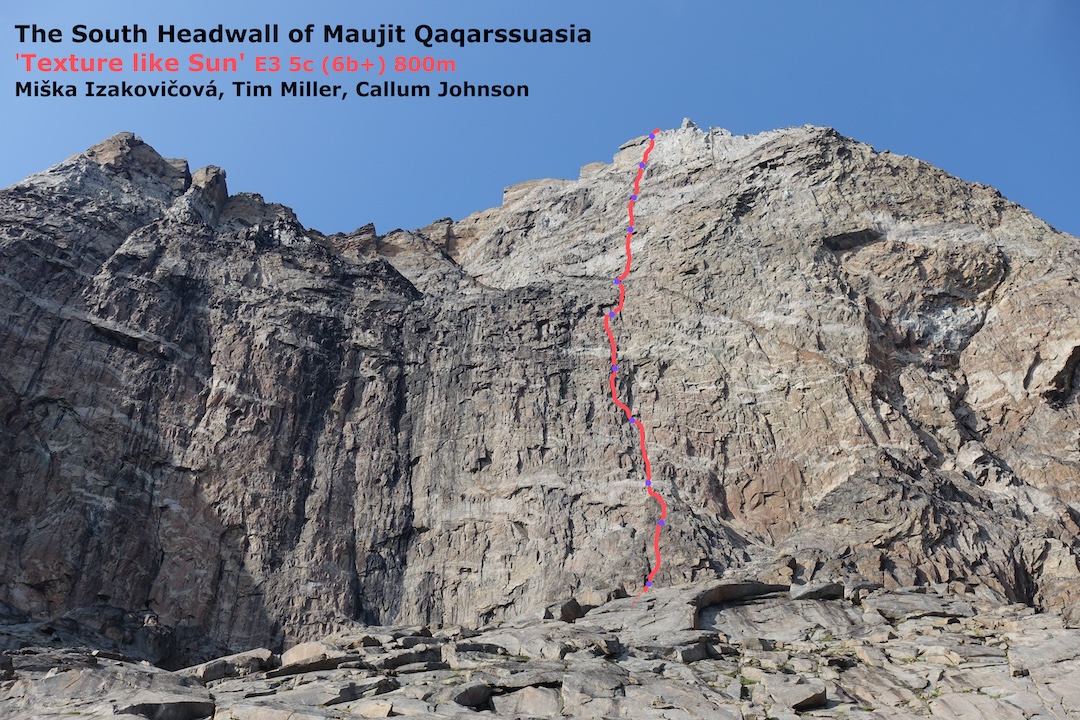 Detail from the topo for Texture Like Sun, 800 meters, E3 5c, established by Miška Izakovičová, Tim Miller and Callum Johnson on the southern headwall of Maujit Qaqarssuasia East.