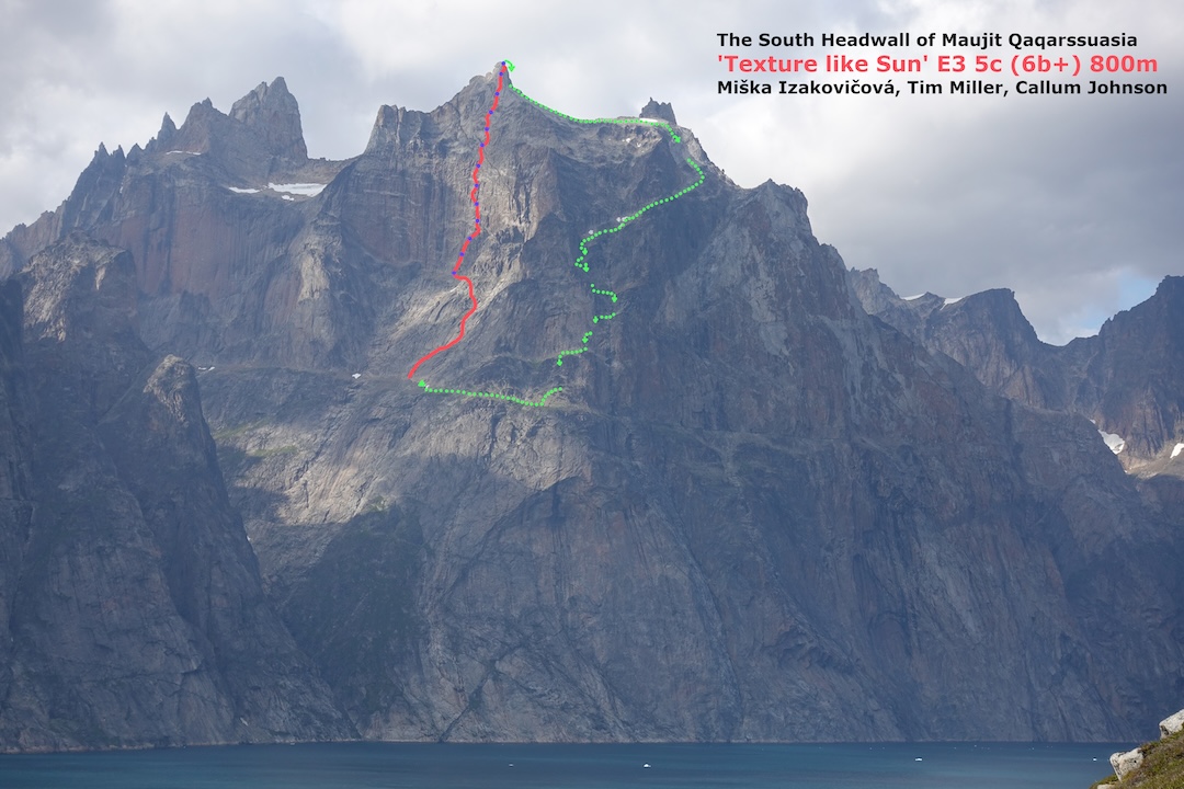 Topo of Texture Like Sun (800m, E3 5c or 5.10d), done by Miška Izakovičová, Callum Johnson and Tim Miller on the southern headwall of Maujit Qaqarssuasia East.