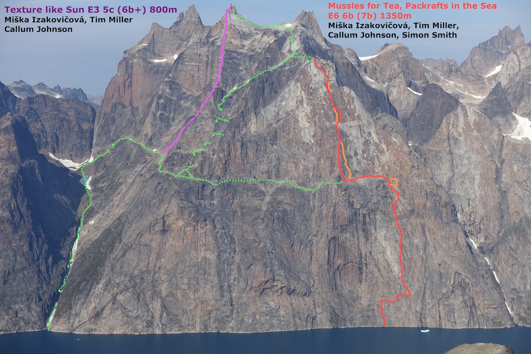 Topo shows Texture Like Sun and Mussels for Tea, Packrafts in the Sea, on the 1,350-meter east face of Maujit Qaqarssuasia, a.k.a. the Thumbnail.