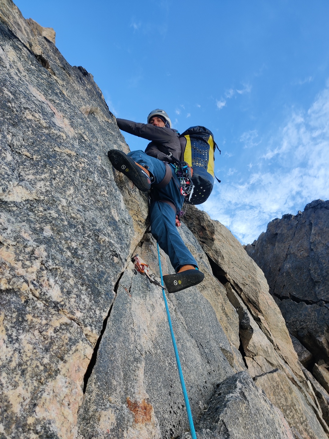 Daniele Bonzi during the climb of Molar Spire on Trident VI Orobica (1,000m of climbing, V+), Fox Jaw Cirque, Schweizerland, East Greenland.