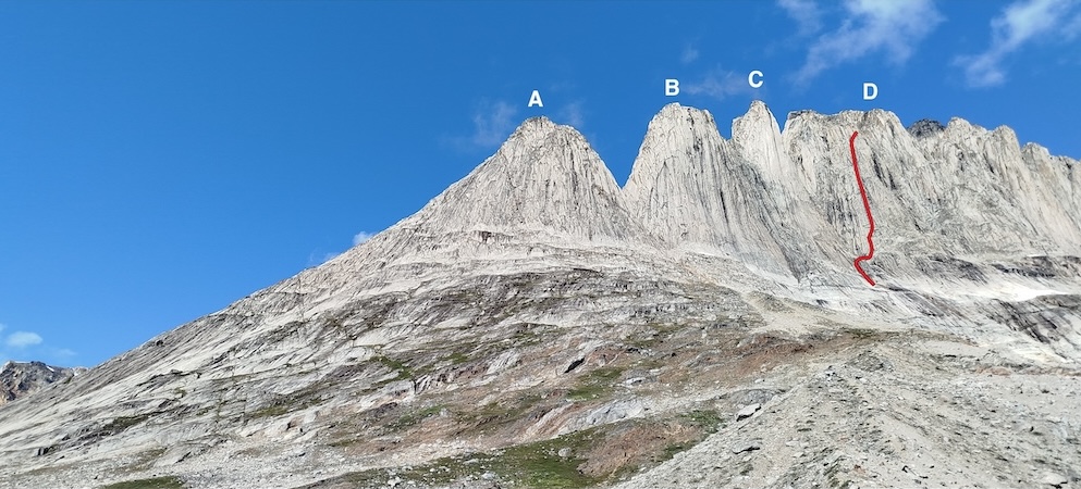 The three-day Trident VI Orobica traverse went west to east (left to right) over (A) Baby Molar, (B) Molar,
and (C) Incisor. (D) is Cavity Ridge, showing the incomplete line of No Me Moleste Mosquito. 
