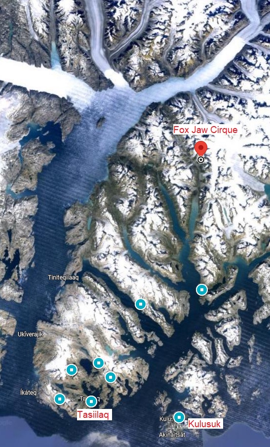 Map of the Tasiilaq area of East Greenland, showing the location of the Fox Jaw Cirque.