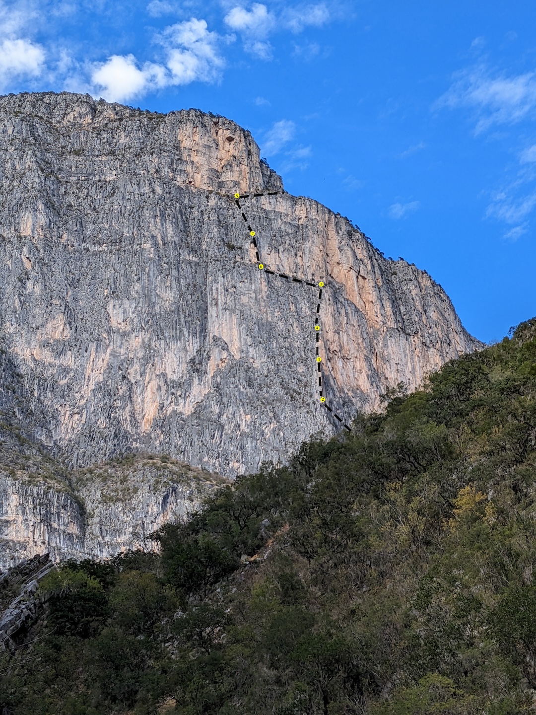 The line of Hard Very Cactus (7 pitches, 5.11 R or E5 5c) in San Isidro Canyon.