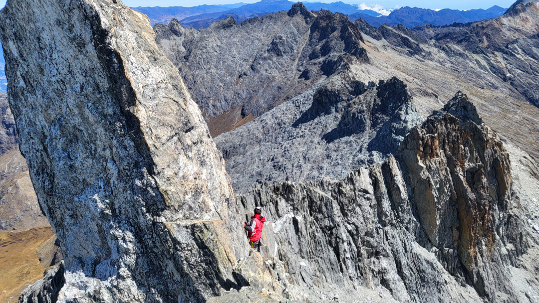 Lenin Zerpa starting the descent from the summit of Abanico (4,950m) on the fourth day of the traverse. The first two towers on the ridge ahead are the double-summited Aguja Joma followed by Aguja Franco Anzi. The ridge then continues northeast to La Garza (distant center) before swinging southeast toward Pico Bonpland and Pico Humboldt (4,919m), second-highest in the range. 
