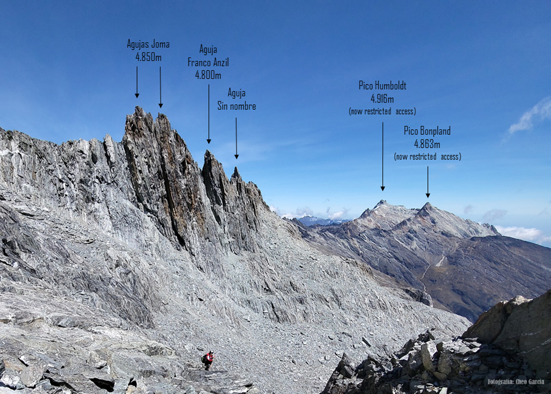 Looking approximately east from below the section of the main ridge east of Pico Bolívar, Sierra Nevada de Mérida, in early January 2025. The major summits in the distance are Pico Humboldt (left) and Pico Bonpland. 
