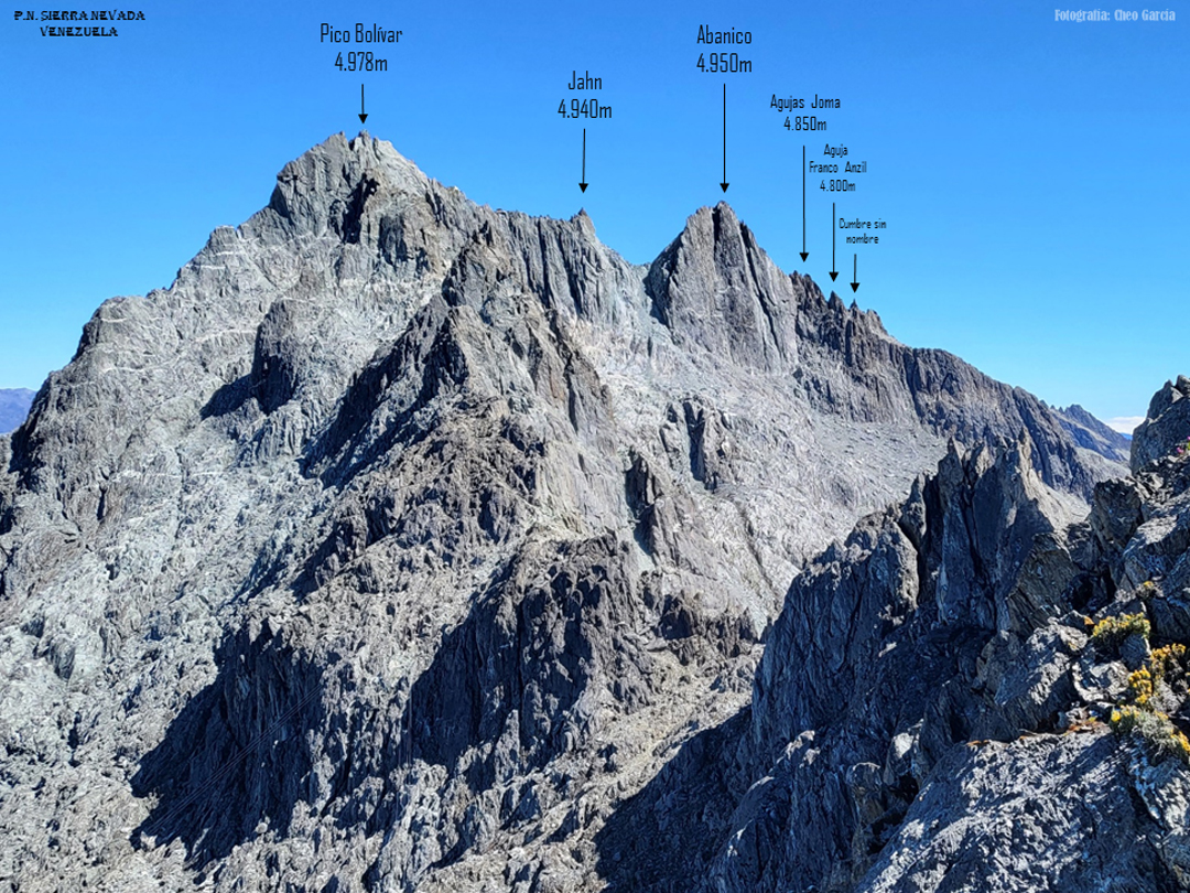 The view northeast along the main ridge from Pico Espejo toward Pico Bolívar, Abanico, and their satellites. 
