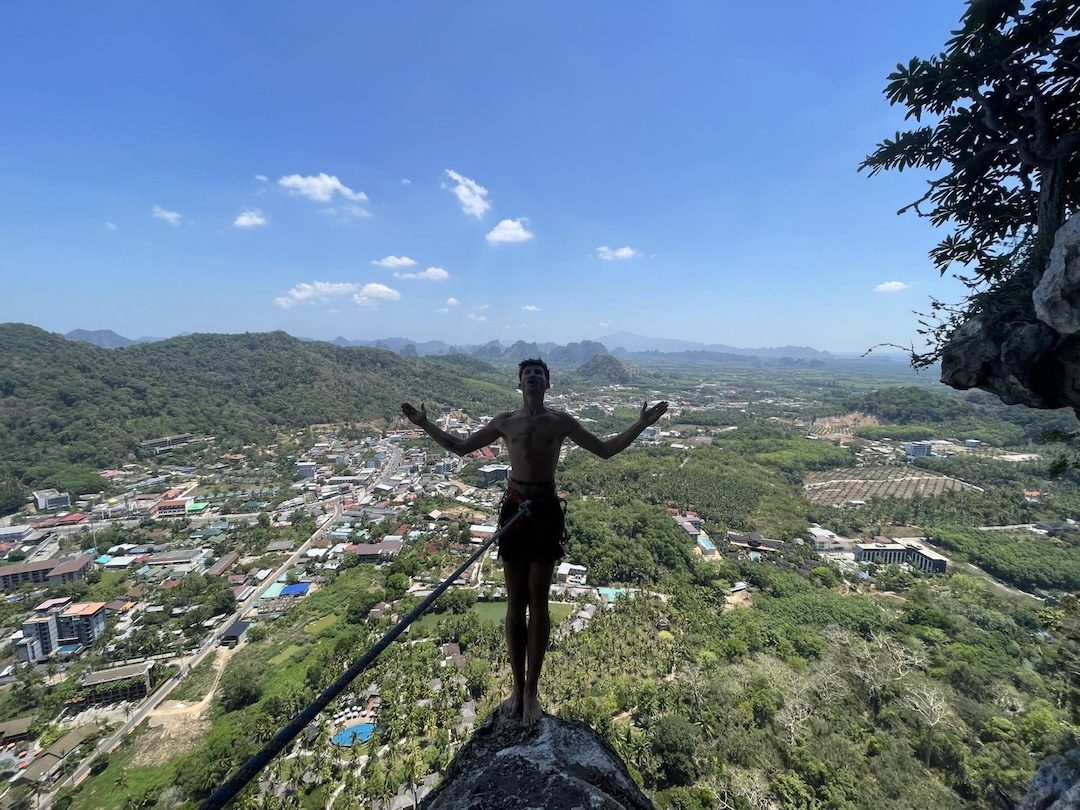 Dakota Walz on the “diving board” after pitch five of Fun Dee (5.12a), a new route up Ao Nang’s Dream Wall.