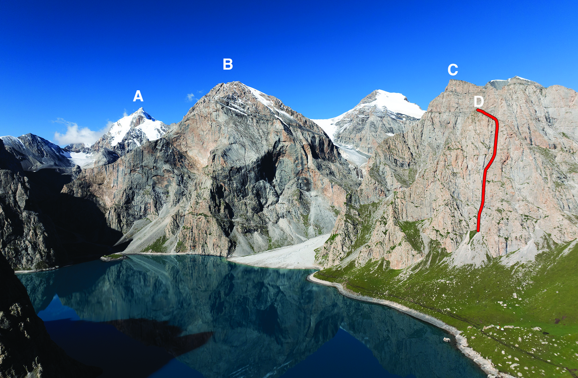 Looking southwest across Paradise Lake (a.k.a. Akekule Lake). (A) Peak 4,539m, climbed in 2024. (B) Peak 4,359m, unclimbed. (C) Peak 4,171m. (D) Peak 3,700m, showing the line of Dry Martini, climbed in 2024.