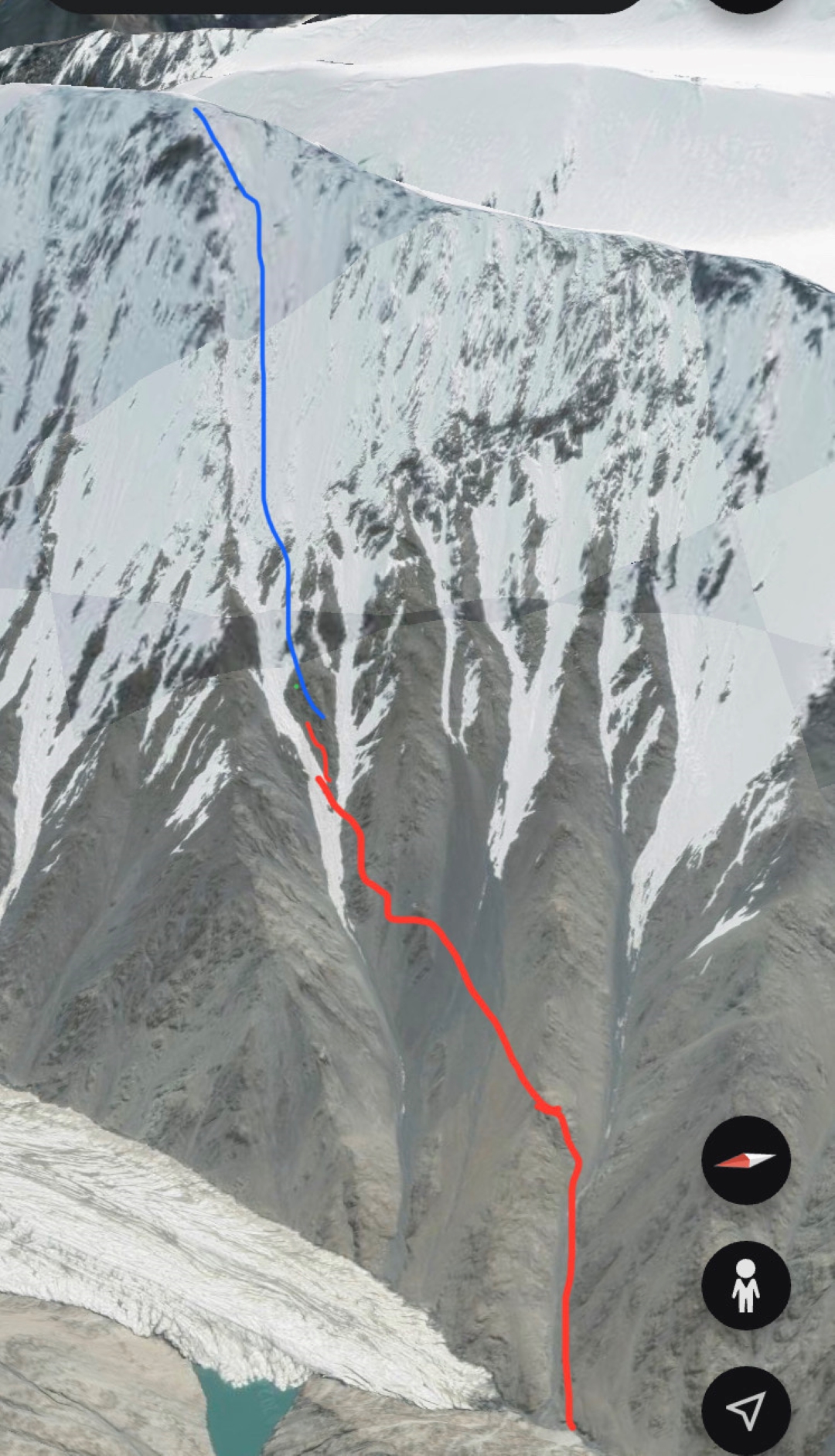 The northwest face of Oierlizuoke (Khan Yalik), with the proposed line in blue and the red line the section completed by the 2024 team to their high point at 6,000m.  