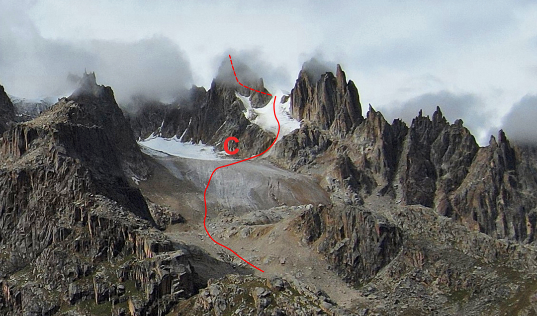 The approach from the northeast, base camp (C), and the 2023 route to the summit of Peak 5,560m (GPS) in the northwestern Chola Shan. The final section is hidden.