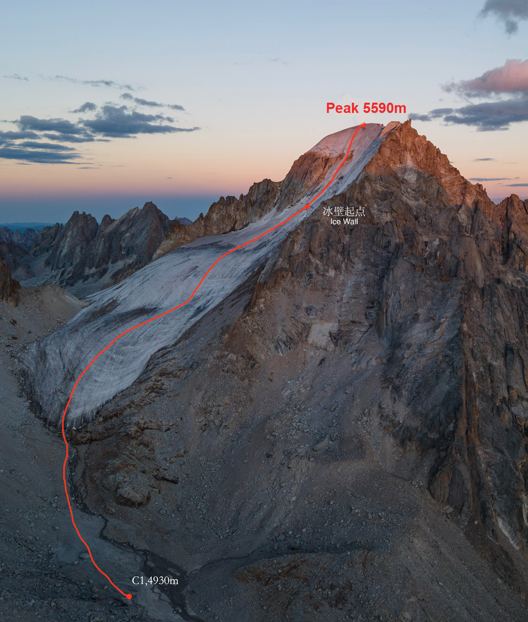 The 2024 route up the north face of Peak 5,590m (measured at 5,529m), Zhuqing Range, accessed from a camp to the west at 4,930m.