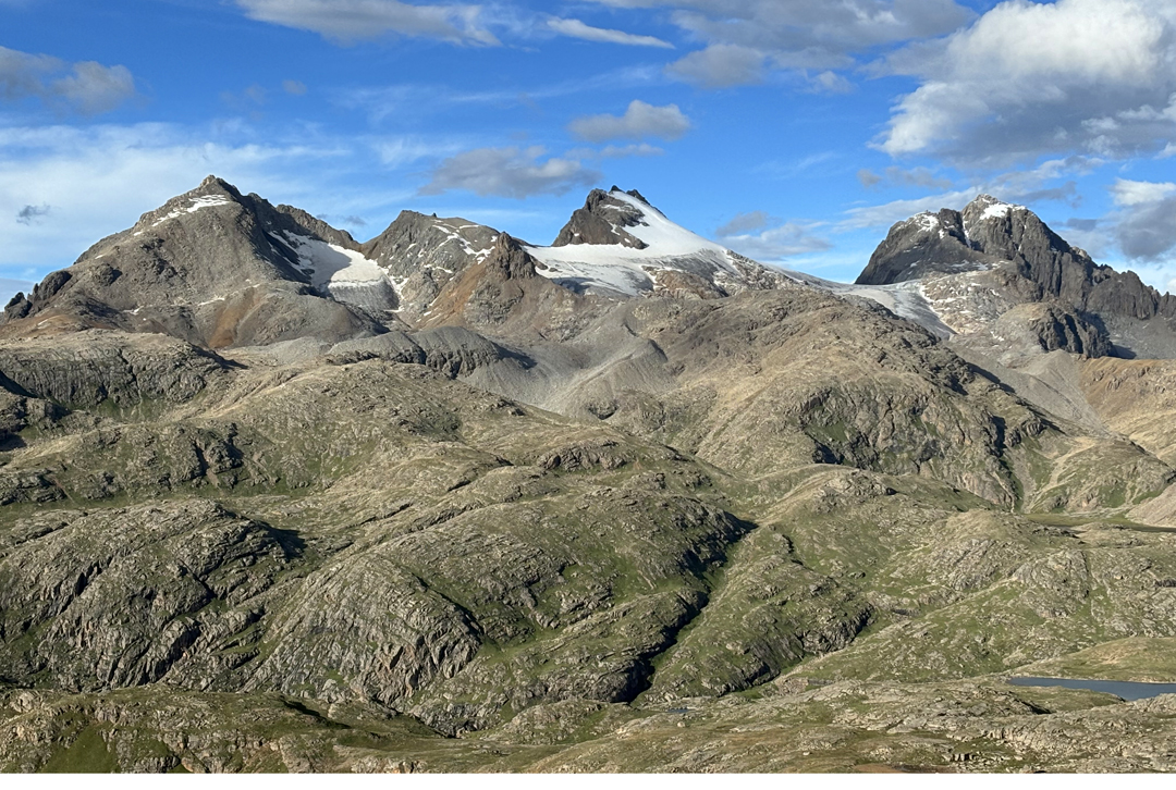 The Dapu peaks from the south. From left to right: Dapu III, II and I. The 2024 team climbed the glaciated face of Dapu II. 