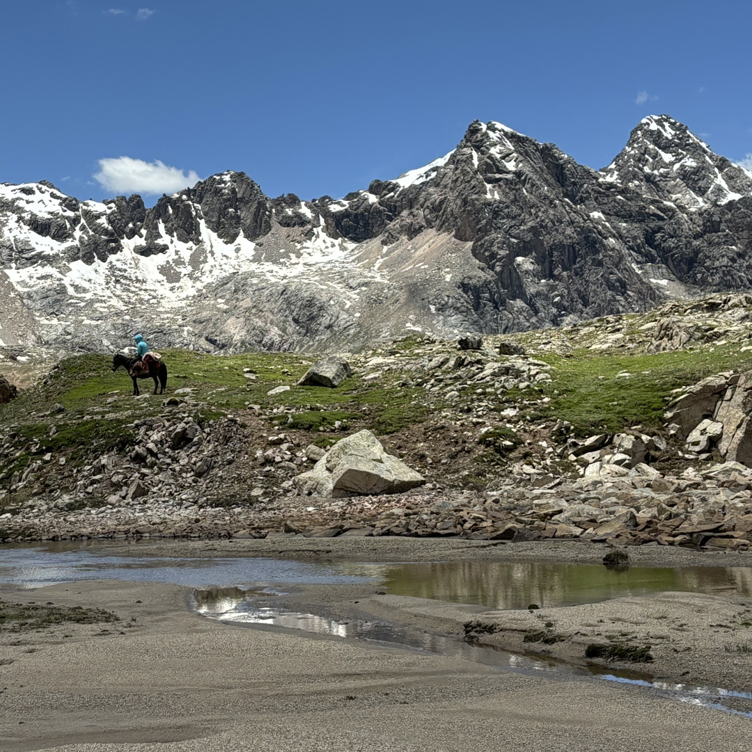 Approaching on horseback up the Banchang Gou (valley). Peak 5,410m, one of the summits in this area climbed in 2024, is the highest rocky summit on the right.