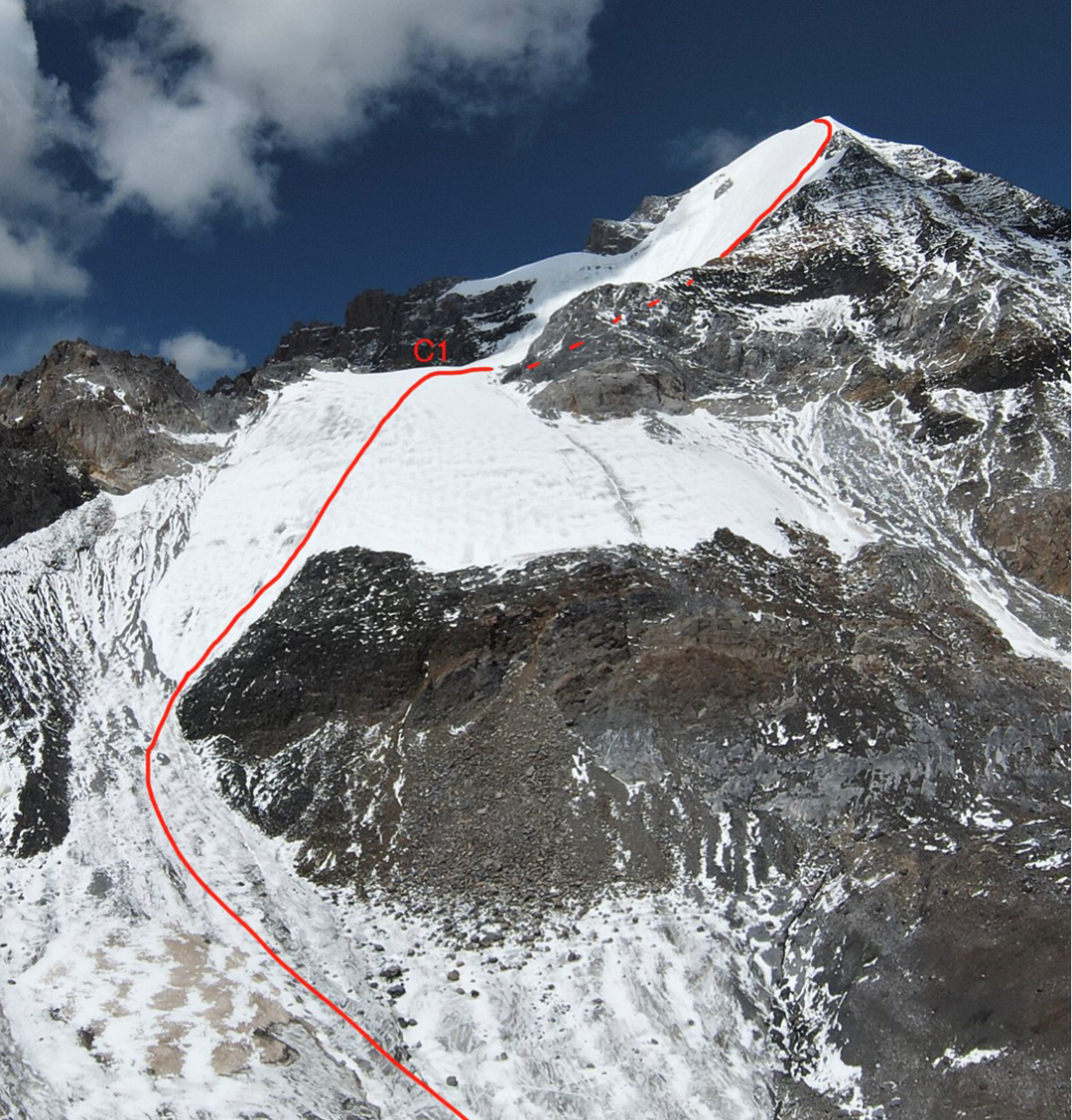 Gangga I and route of ascent on the west face and ridge.