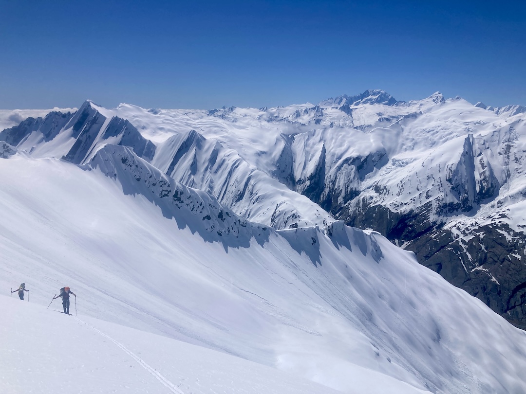 Climbing out of the Strachan Glacier with Aoraki/Mt. Cook visible in the back.