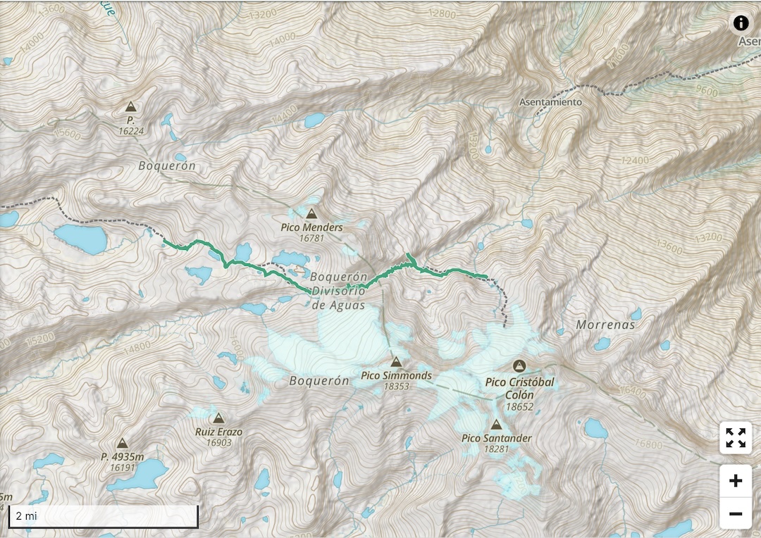 Map of the approach to the north sides of Pico Simmonds and Pico Cristóbal Colón.