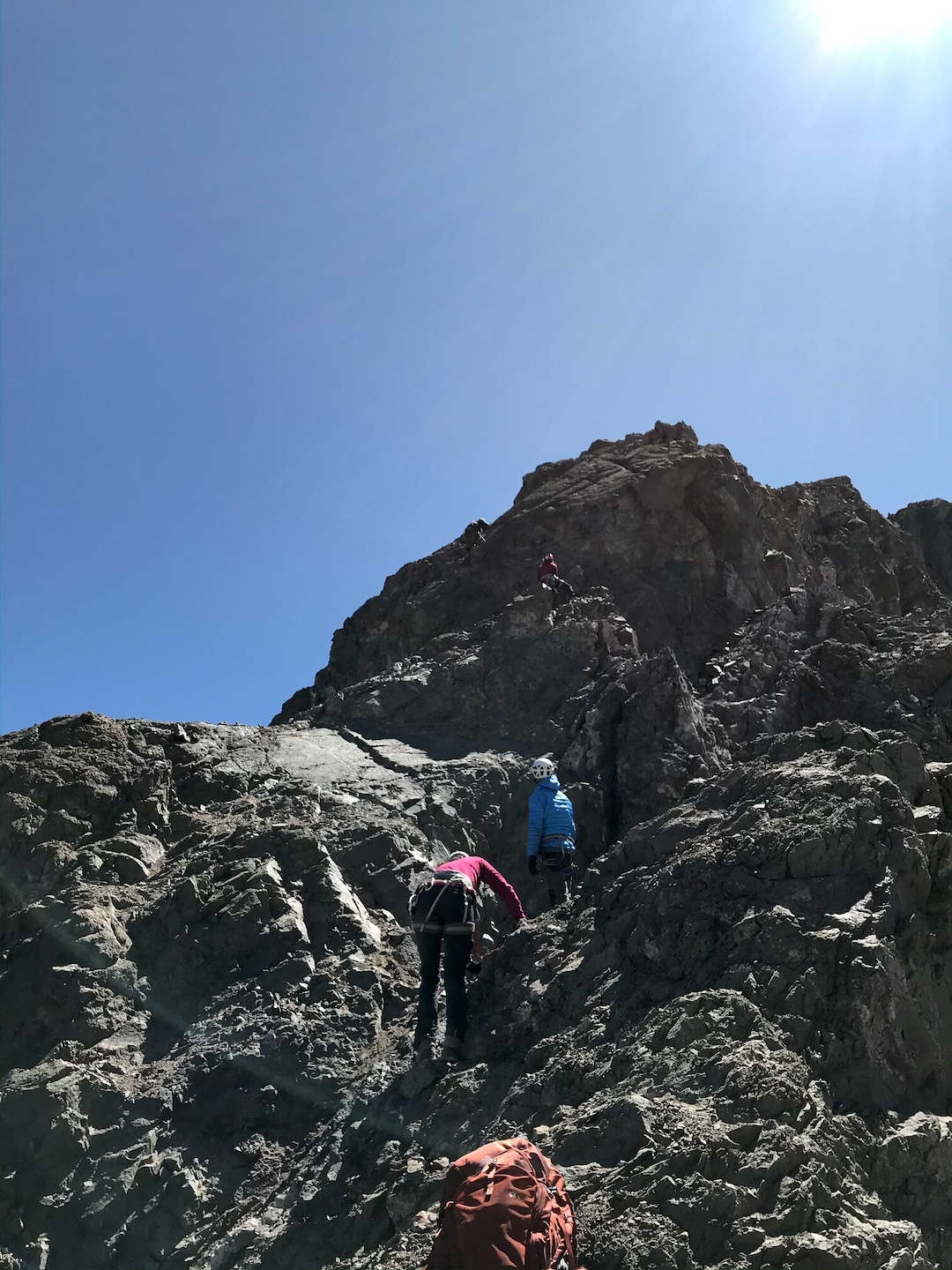 Scrambling on the south ridge of Cerro Mono Negro. The route, the first known ascent of the peak, had three pitches of roped climbing. 
