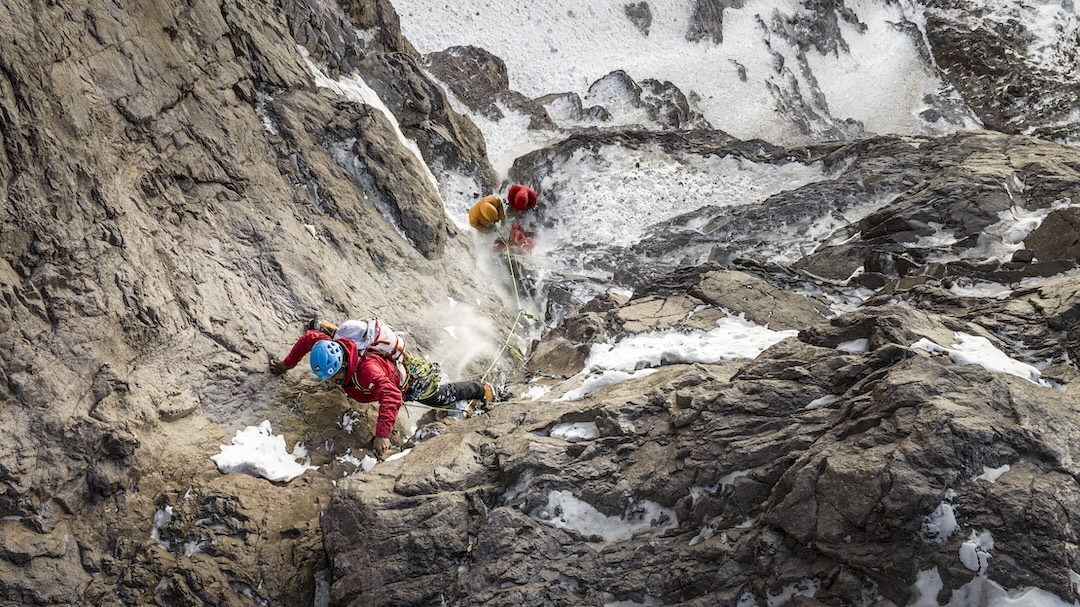 Nicolás Gutiérrez leading the second rock pitch on the south face of Cerro Tronco. Three mixed pitches were climbed to reach the main ice flow. 
