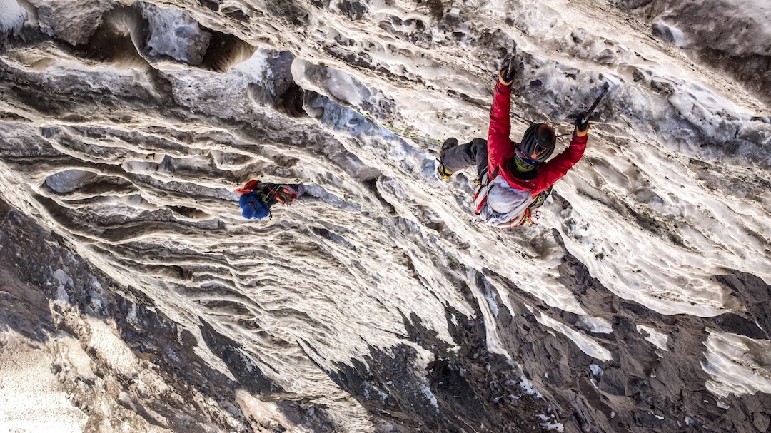 Cristóbal Cament on the third ice pitch on the south face of Cerro Tronco. 
