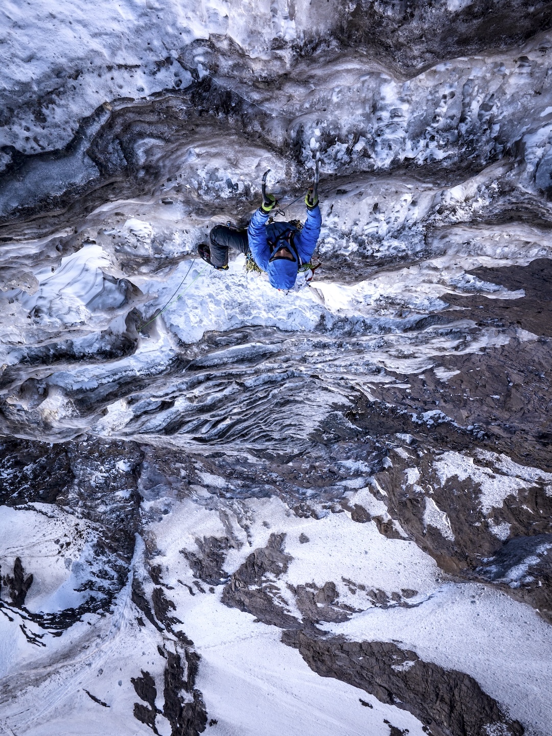 Alexis Rojas on the fifth ice pitch of the south face of Cerro Tronco. 
