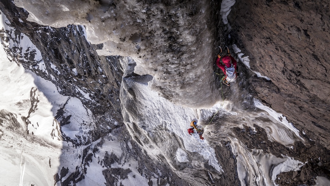 Nicolás Gutiérrez leading the sixth ice pitch on the south face of Cerro Tronco. 
