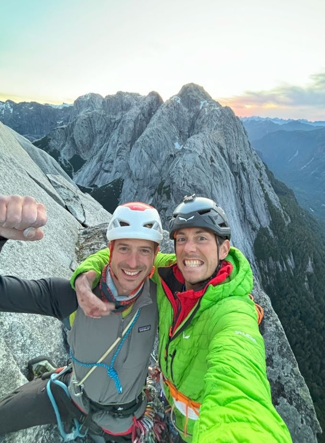 Angelo Contessi (left) and Leo Gheza (right) after topping out their new line, Nunca Say Nunca (1,000m, 5.12+ A1) on Cochamó’s Cerro Trinidad Central. 