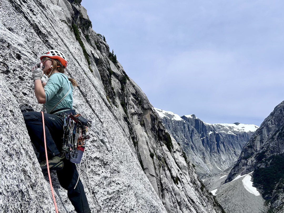 Flavie Cardinal climbing on La Oreja in Mariposa Valley, where the climbers repeated the route El Palito. 
