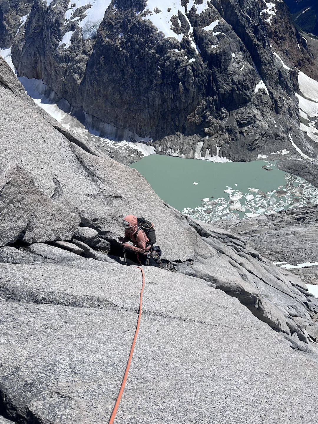 Jasper Pankratz following a chimney pitch on the headwall of Pirita Central.
