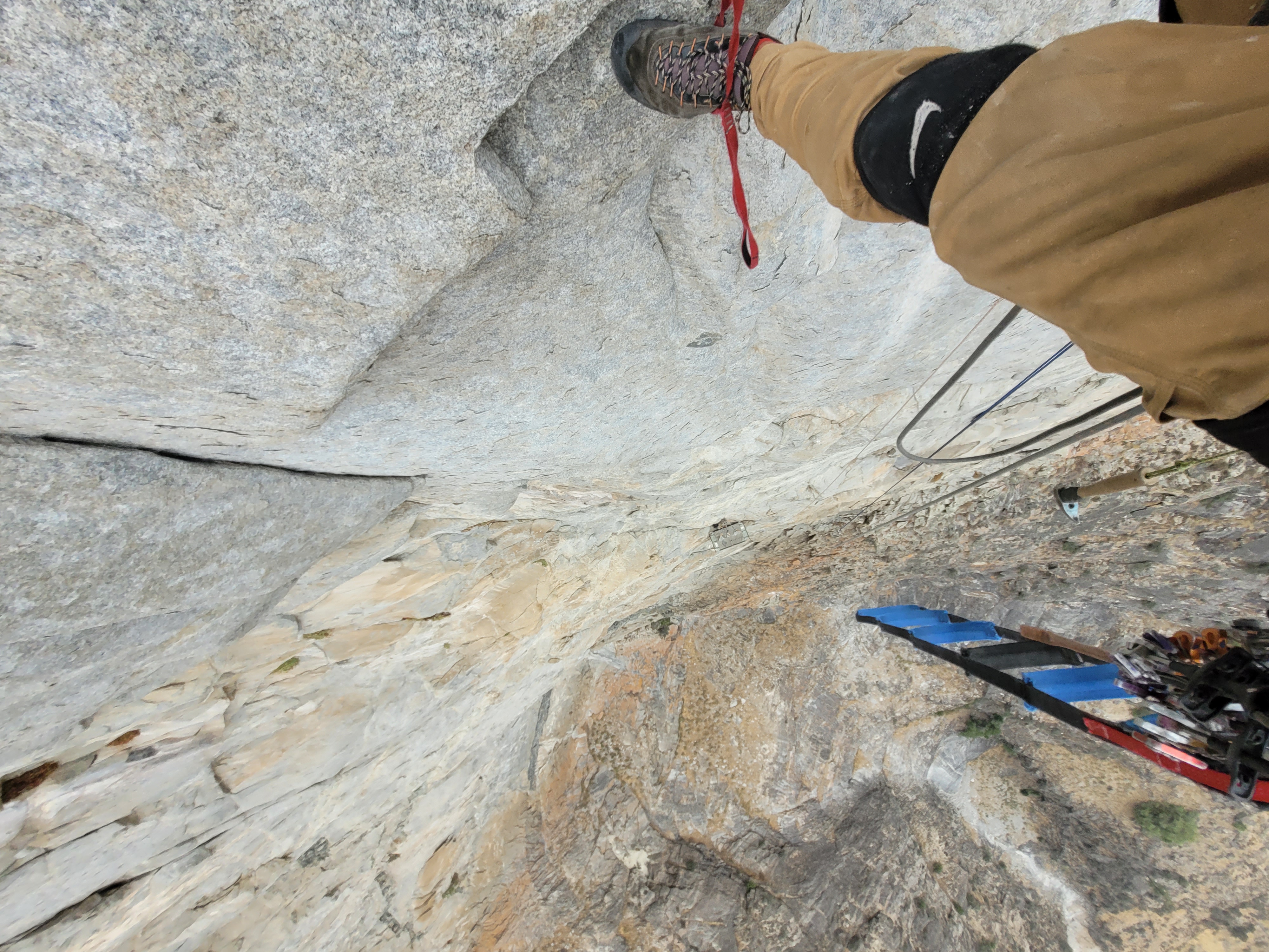 Looking down at the portaledge from high on the Redside Wall.  