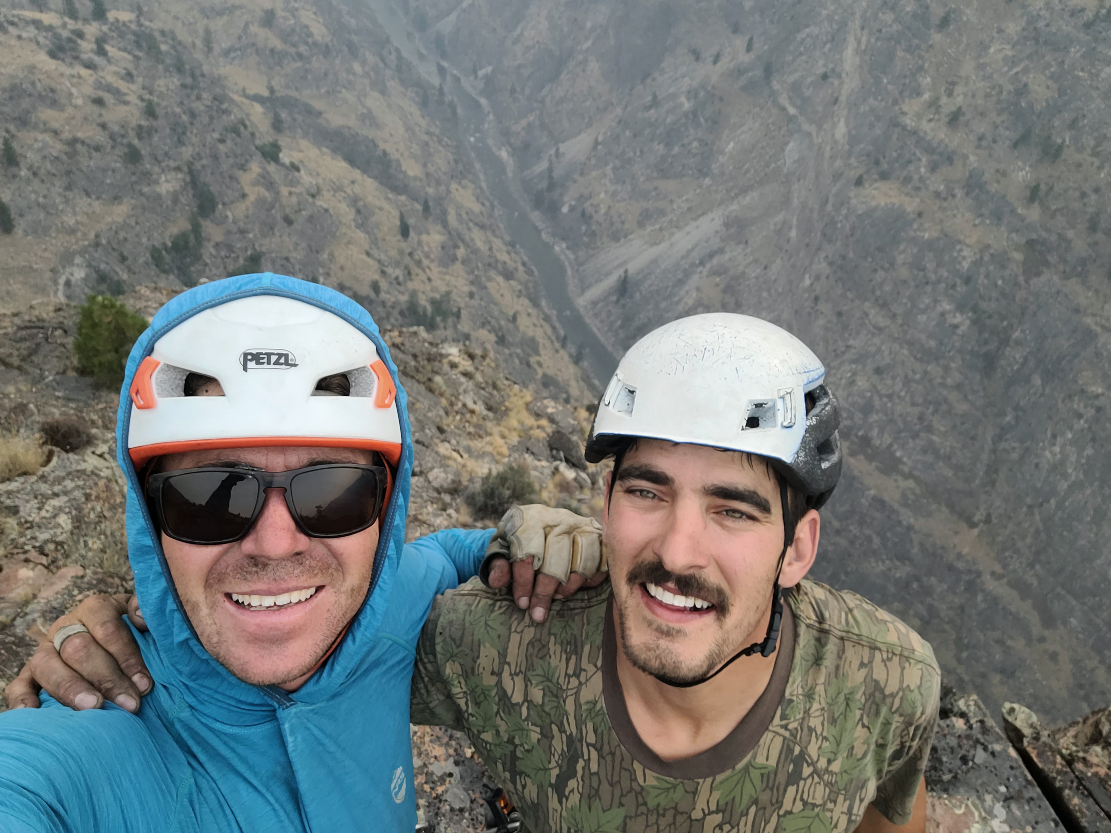 Matt Ward and Ky Hart at the top of the Redside Wall after completing its first ascent via No Rolling Stone (13 pitches, V5.10 A3).