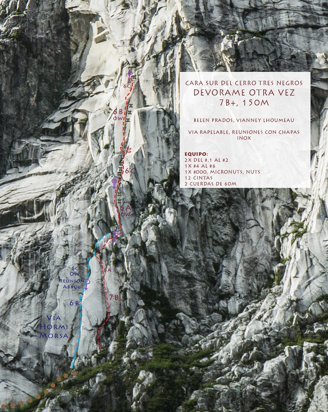 Photo-topo of the route Devorame Otra Vez below Cerro Tres Negros.