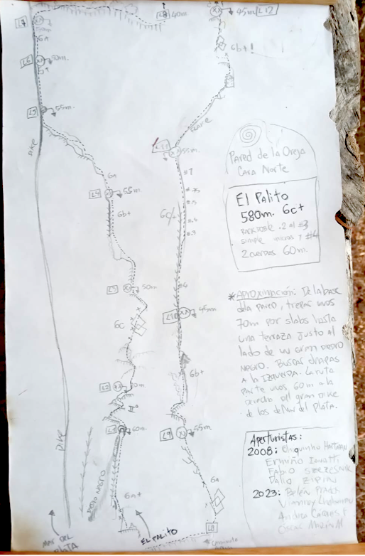 Topo of the route El Palito on Pared de la Oreja, with a two-pitch extension added in 2023.