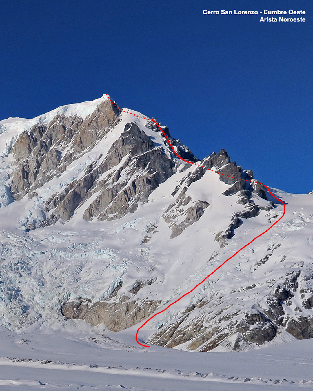 The route taken by a Chilean team up a western subsummit of Monte San Lorenzo via a new route on the
northwest face.